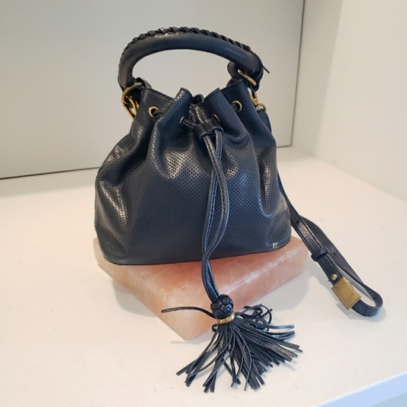 Elliott Lucca Handbags - Elliott Lucca Leather Bucket Bag Shoulder / Handbag Tassel Pull Black Perforated